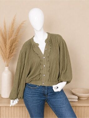 POL Olive Green Ruffle-Trim Button-Front Knit Top